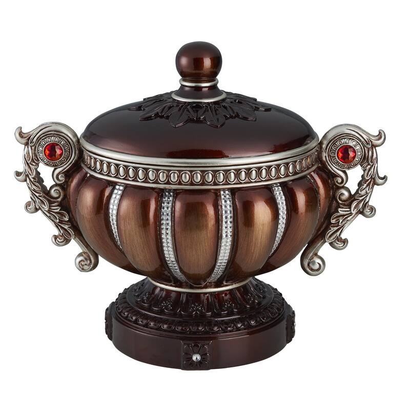 13" Bronze Red And Silver Resin Floral Scroll Jewelry Box With Metal Accents