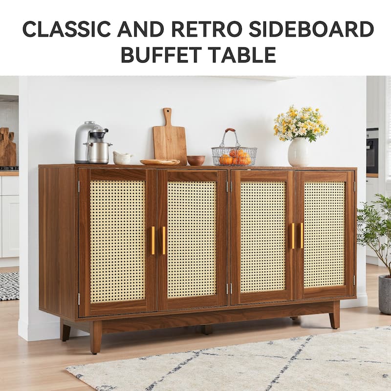 Modern 4 Door Wood Rattan Buffet Sideboard Storage Cabinet