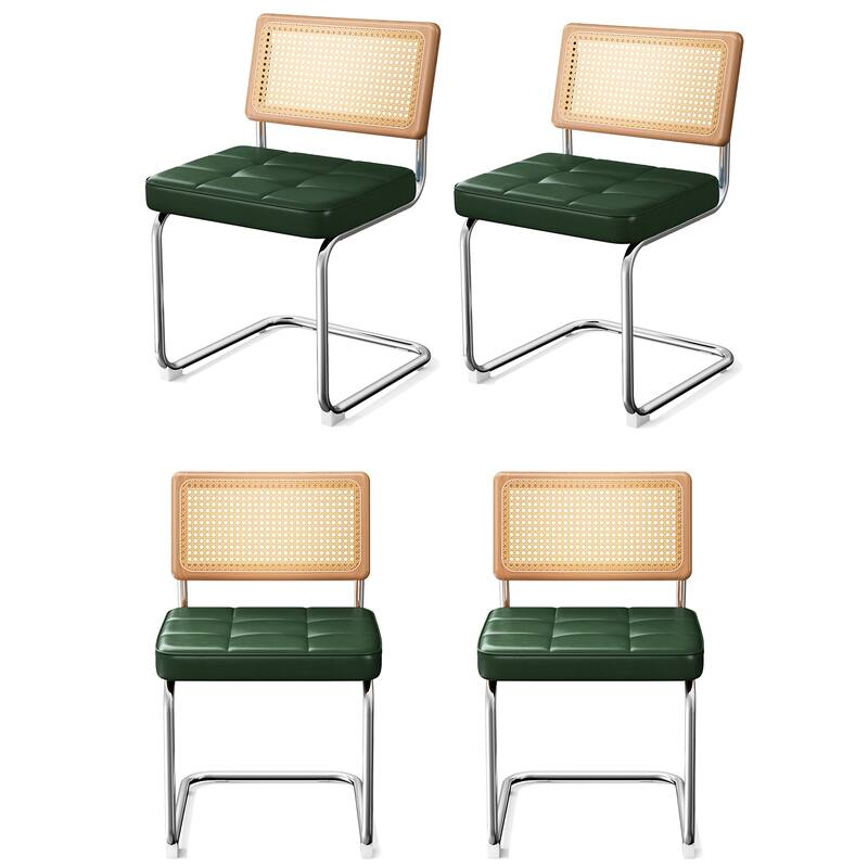 Natural Rattan Dining Chairs Set of 2/4 with Upholstered Faux Leather - Green - Set of 4