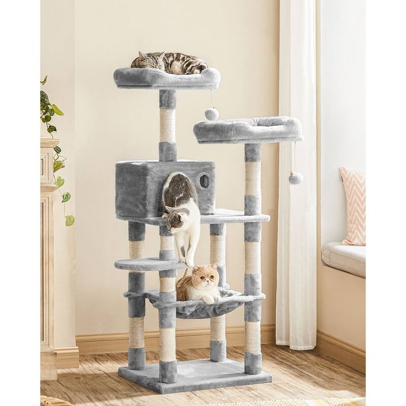 Grey Multi-Level Cat Tree with Sisal-Covered Scratching Posts and Hammock
