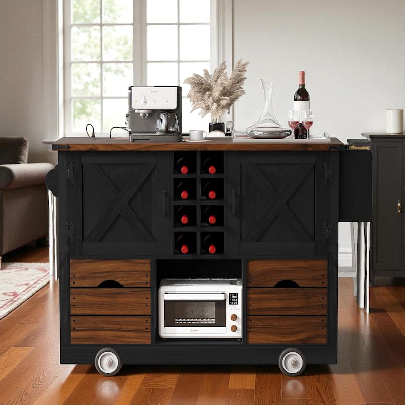 54" Farmhouse Kitchen Island with Drop Leaf, Power Outlet, Storage Cabinets, Drawers, and Rolling Wheels - Black