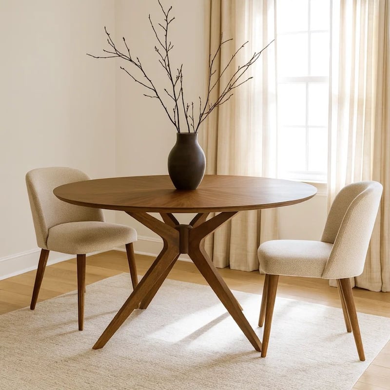 Contemporary 47 Inch Round Wooden Dining Table with Spider Legs, Walnut Brown