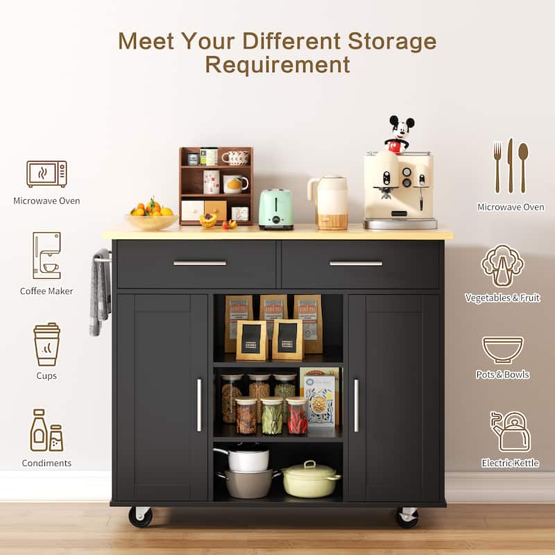 Rolling Kitchen Island with Storage Cabinet & Drawers - Rubber Wood Top for Dining & Kitchen Storage