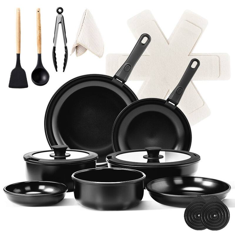 23 Pcs Nonstick Pots And Pans Set Cast Aluminum Cookware Set With Detachable Handles - Black