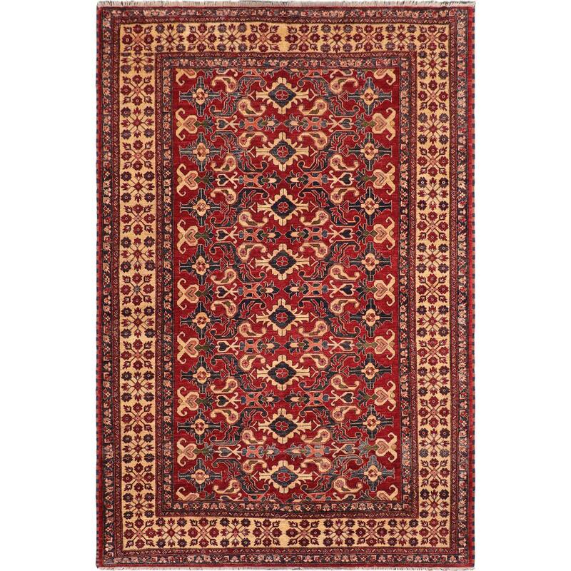 Caucasian Super Kazak Raiden Red/Beige Hand Knotted Wool Rug - 7'8'' x 11'2''
