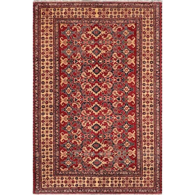 Caucasian Super Kazak Raiden Red/Beige Hand Knotted Wool Rug - 7'8'' x 11'2''