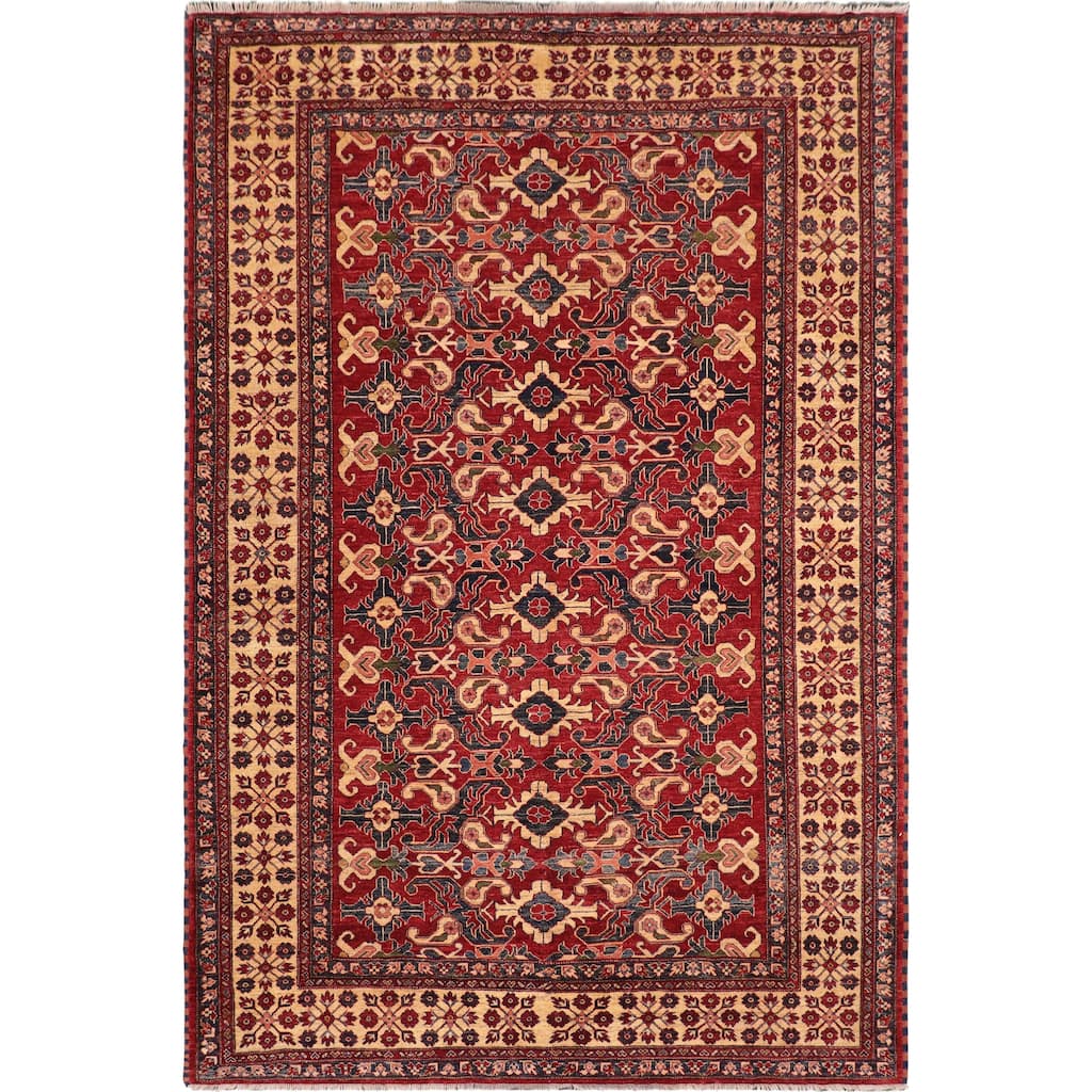 Caucasian Super Kazak Raiden Red/Beige Hand Knotted Wool Rug - 7'8'' x 11'2''
