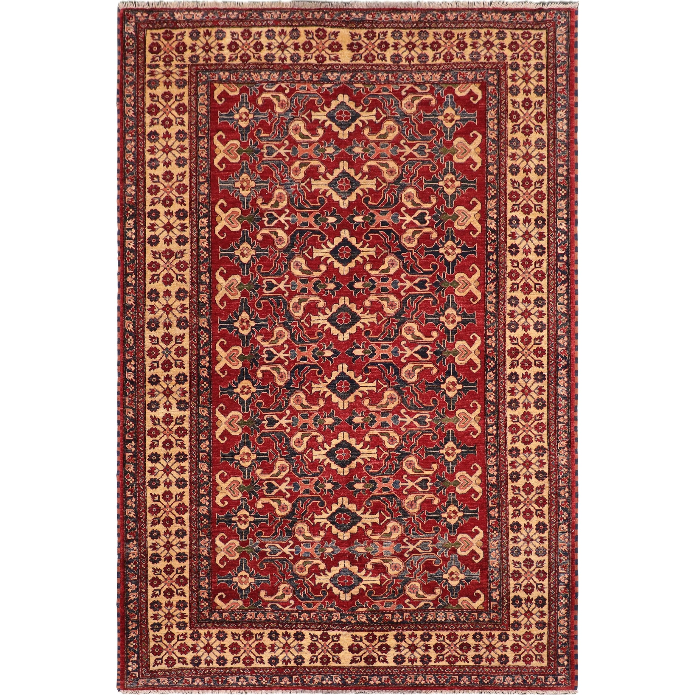 Caucasian Super Kazak Raiden Red/Beige Hand Knotted Wool Rug - 7'8'' x 11'2''
