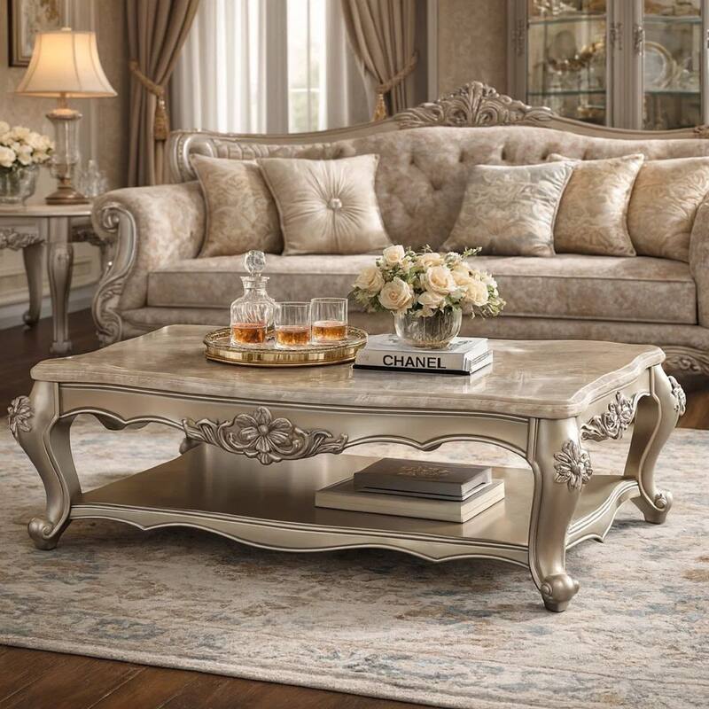 Traditional Style Rectangular Wood and Marble Coffee Table, Silver