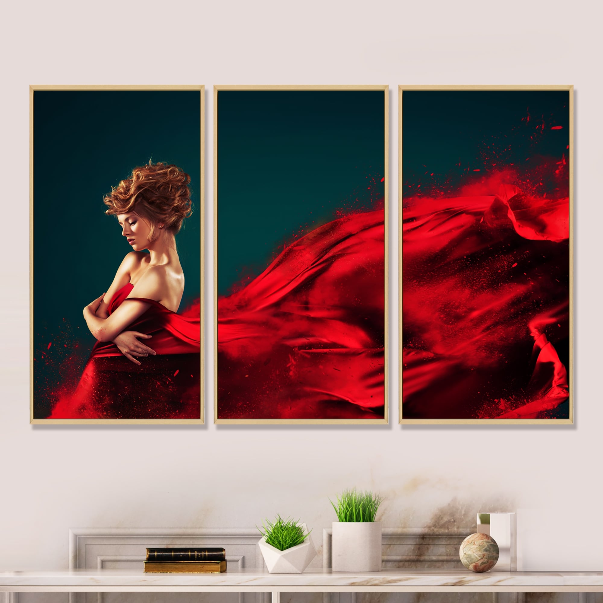 Designart "Woman in Flying Red Dress" Portrait Framed Wall Art Set of 3 - 4  Colors of Frames - Bed Bath & Beyond - 36129256