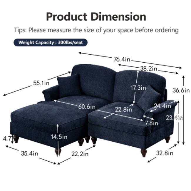 GDFStudio - Elegant Mid-Century Chenille 2-Seater 76.4" L-Shaped Modular Loveseat Sofa with Ottoman