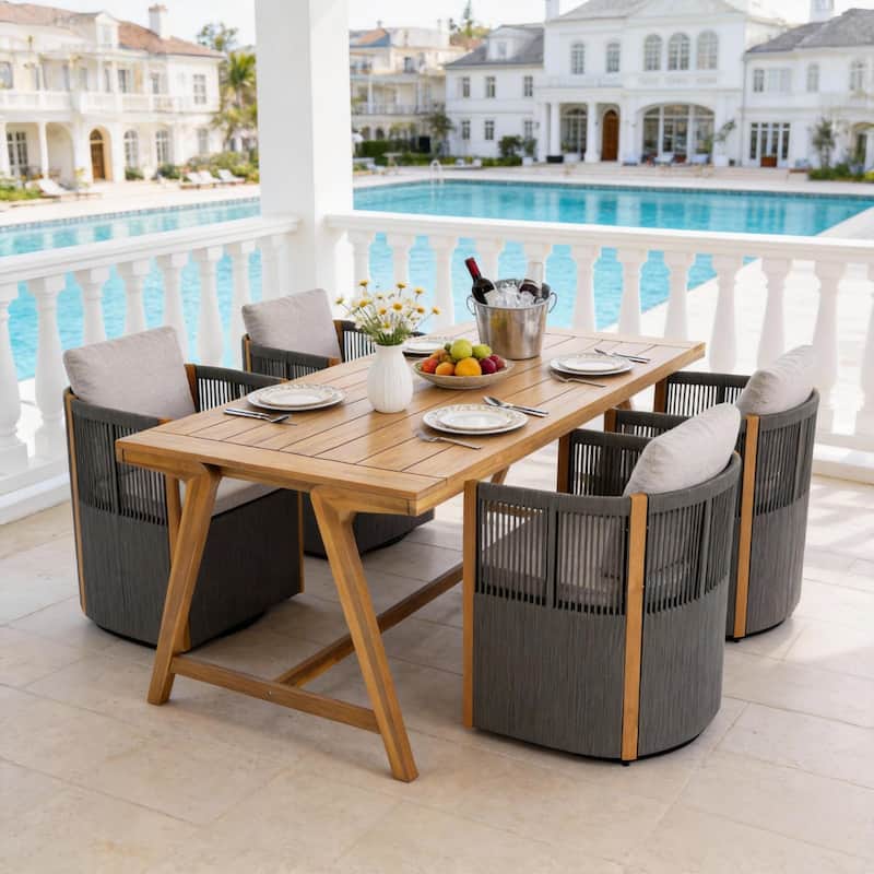 Christopher Knight Home - Maris 5-Piece Outdoor Acacia Wood Swivel Dining Set with 70.75" Rectangular Slat Table and Cushions