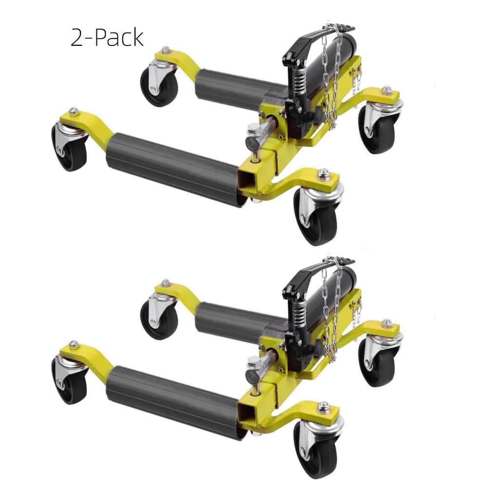 2-Pack Heavy-Duty Car Wheel Dolly and Jack Set 1500-lb Capacity with Ratcheting Foot Pedal and Casters Yellow
