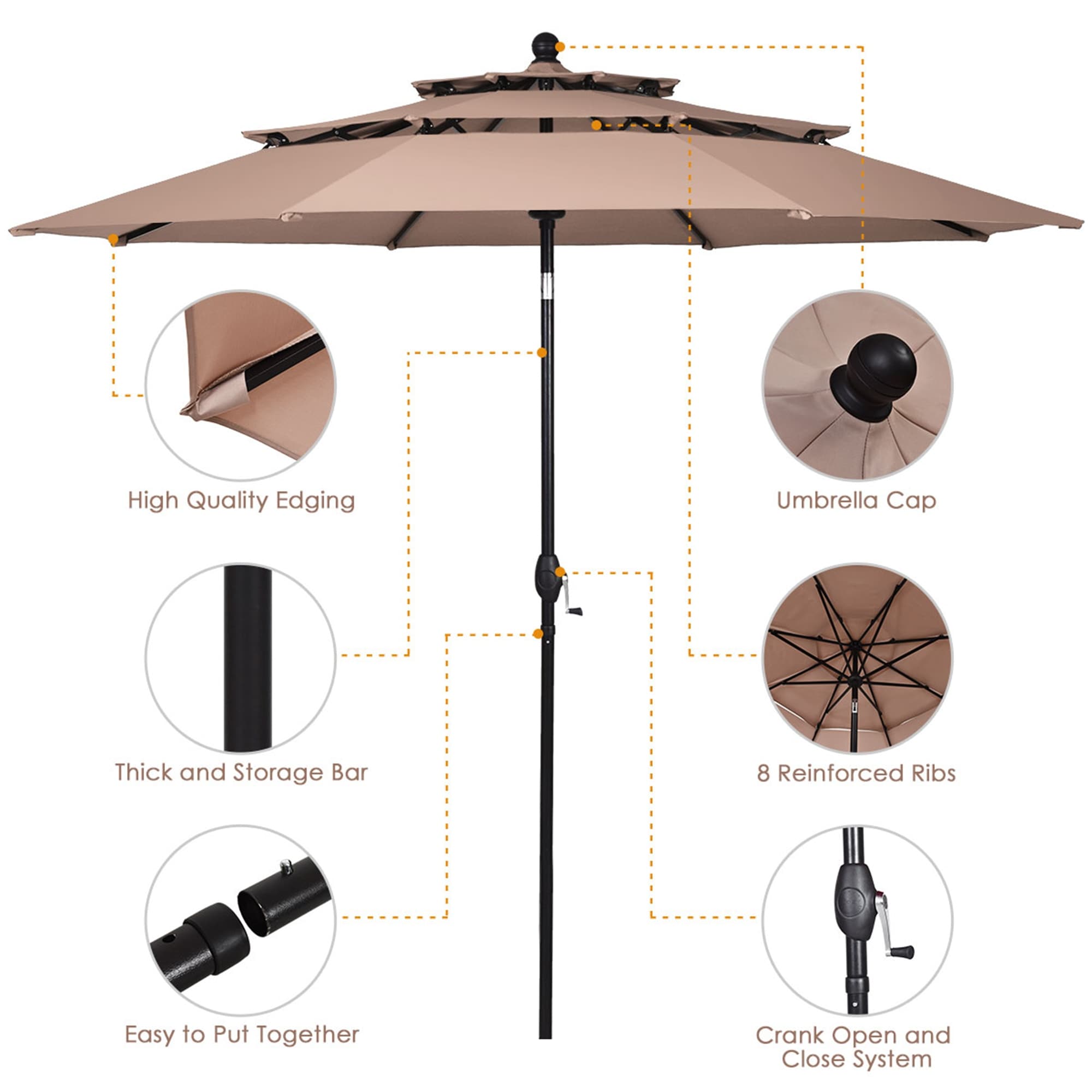 double vented patio umbrella with tilt in tan beige natural | Auto-Tilt, Wind Resistant, Woodgrain Finish | Commercial Grade | Sunbrella Antique This 9ft patio umbrella features a bohemian California Umbrella 9 ft. Aluminum