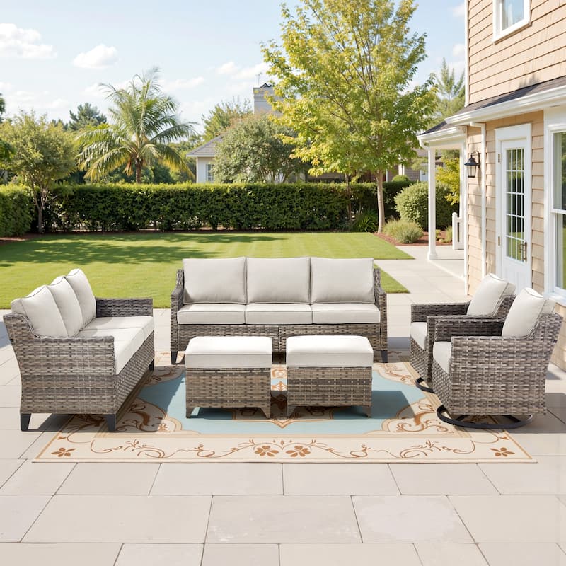 Pocassy Outdoor All-Weather Outdoor Sofa, Swivel Chair, Ottoman Sets - Grey Wicker Beige Cushion - 6 Pieces Sofa Swivel Chair with Ottoman