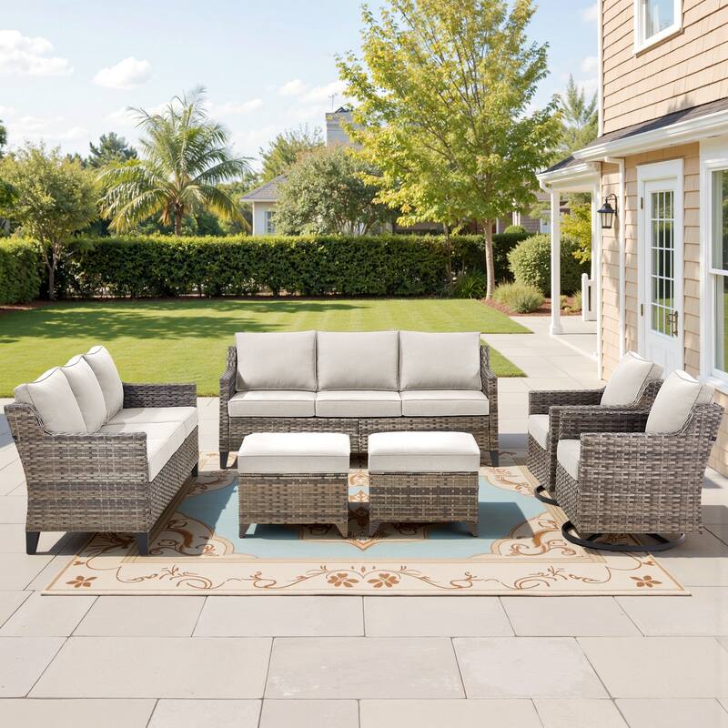 Pocassy Wicker Patio Sofa Glider Swivel Chair Ottoman Furniture Set. - Beige Cushion Gray Wicker - 6-Piece Sofa Swivel Chair w/ Ottoman Set