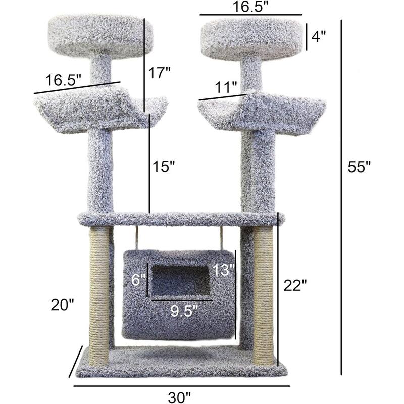 Multi-Level Solid Wood Swing Cat Tree with Plush Carpet Beds, Sisal Rope Posts and a Hanging Swing Perch for Playful Cats