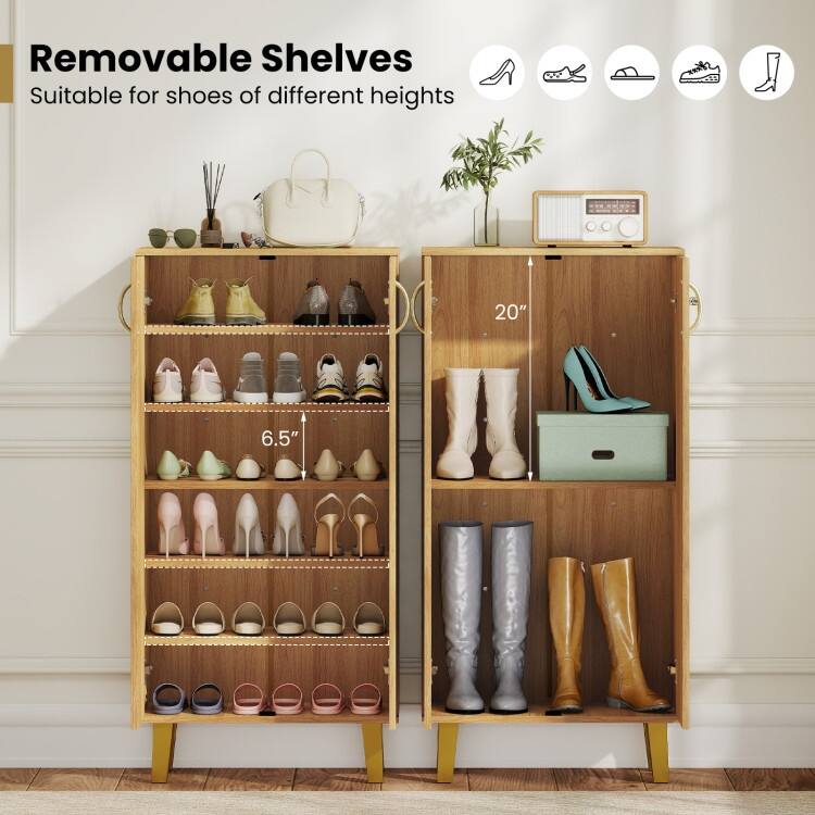 Oak MDF Wooden Shoe Cabinet with Double Doors, Shelves and Storage - 24" x 13" x 48"