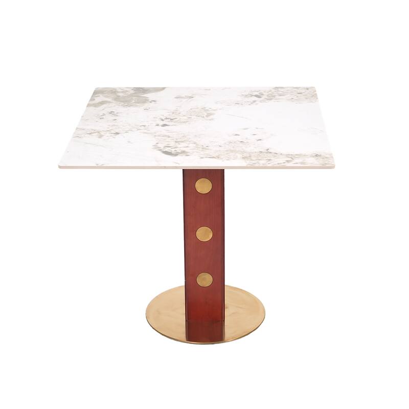 33" Retro Square Glass & Sintered Stone Tabletop Dining Table with Solid Wood Pedestal