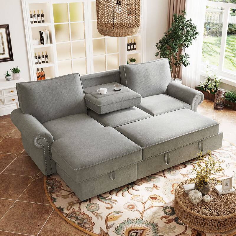 Convertible Sectional Sleeper Sofa with Storage Chaise, Pull-Down Backrest, Dual Cup Holders, Arc Armrests and Nailhead Trim