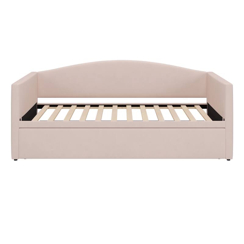 Velvet Upholstered Daybed Twin Size Sofa Bed with Extended Pop Up Trundle and Curved Backrest, Space-Saving Twin to King Design