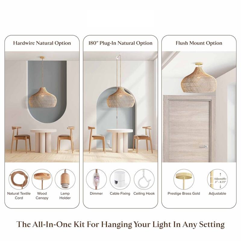 Kloe Rattan Pendant Light - Natural Brown Dome 1-Light Handwoven Ceiling Light For Transitional, Farmhouse, Coastal Room Decor