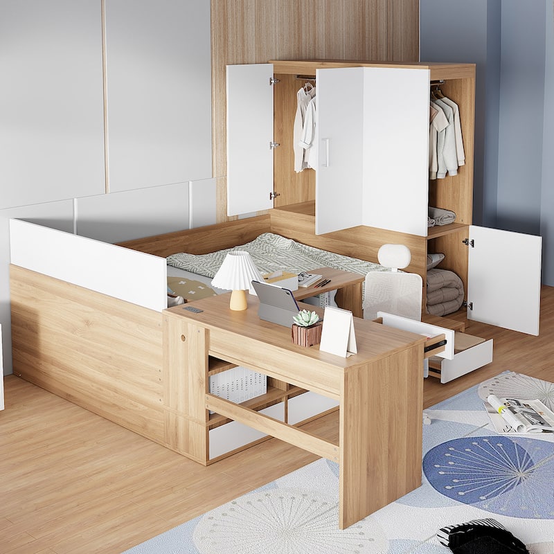 Full Size Corner Bed Frame with 6 Drawers, Wood Platform Storage Bed with Shelves and Wardrobe & Desk, Modern Floor Bed Frame