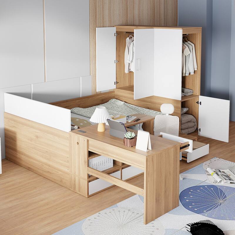 Full Size Wooden Platform Bed with 6 Drawers, Shelves, Desk, and Wardrobe