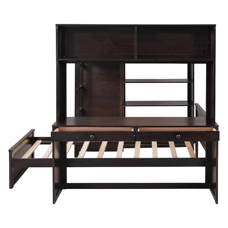 Space-Saving Full Size Loft Bed with Twin Bed, Shelves, Desk, and Wardrobe in Espresso