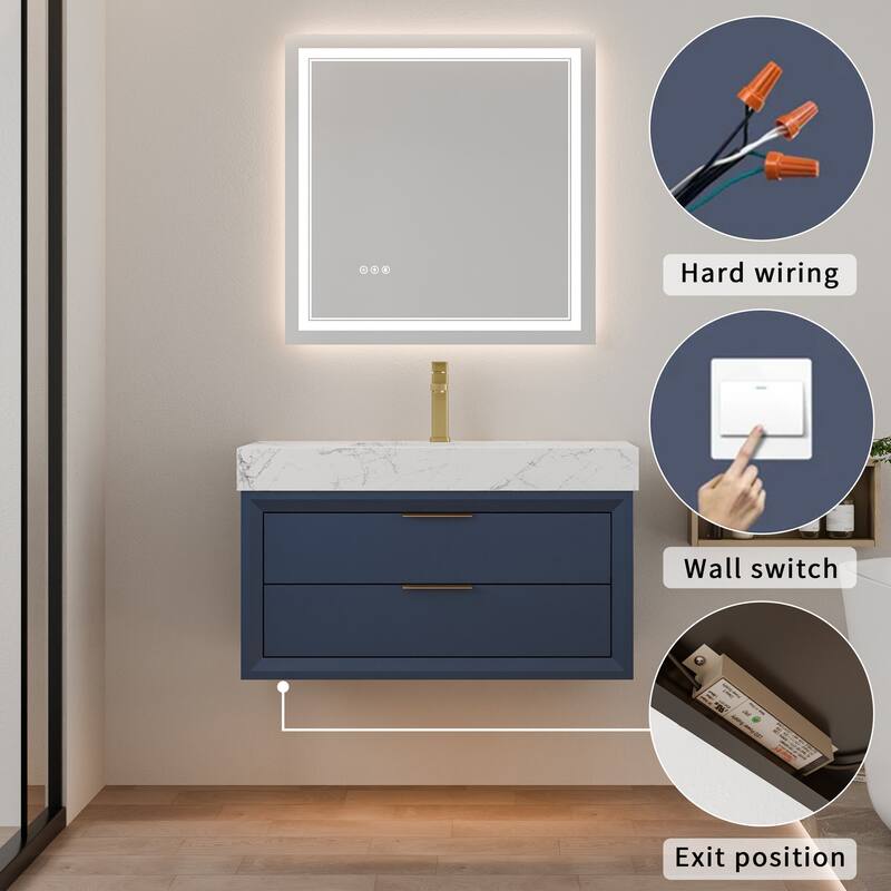 Modland 36" Wall-Mount Vanity with LED Light & 2 Soft-Close Drawers - Solid Oak, Black,White,Blue,Green - 36 inch