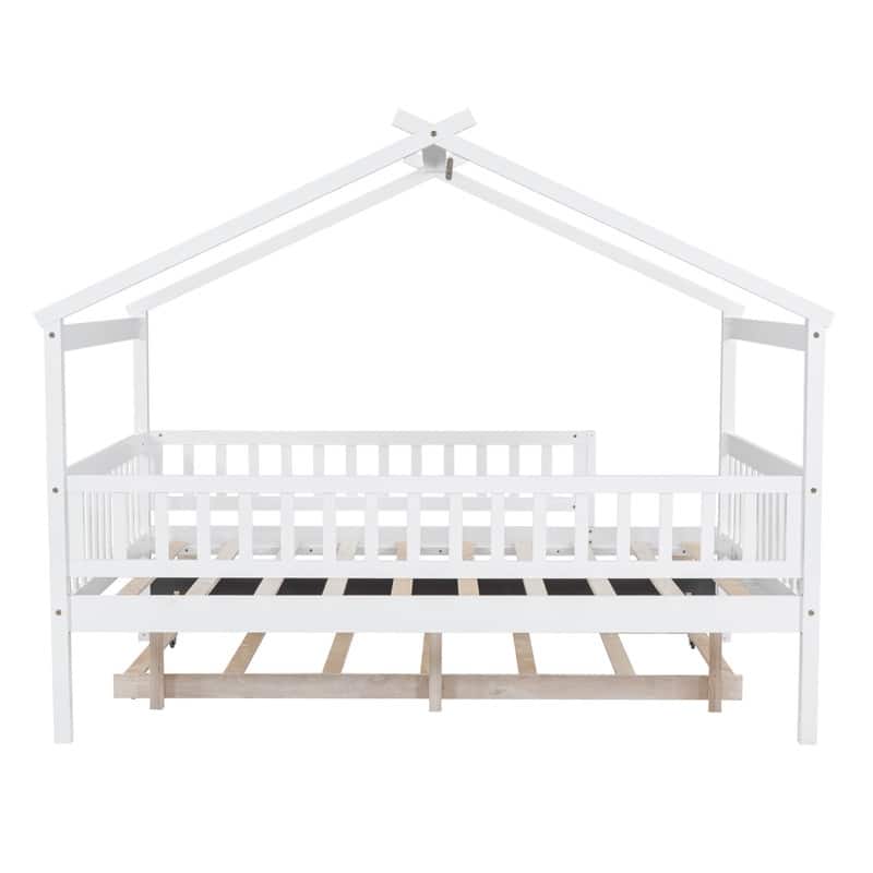 Full Size Wooden House Bed with Twin Size Trundle, Kid's Bed