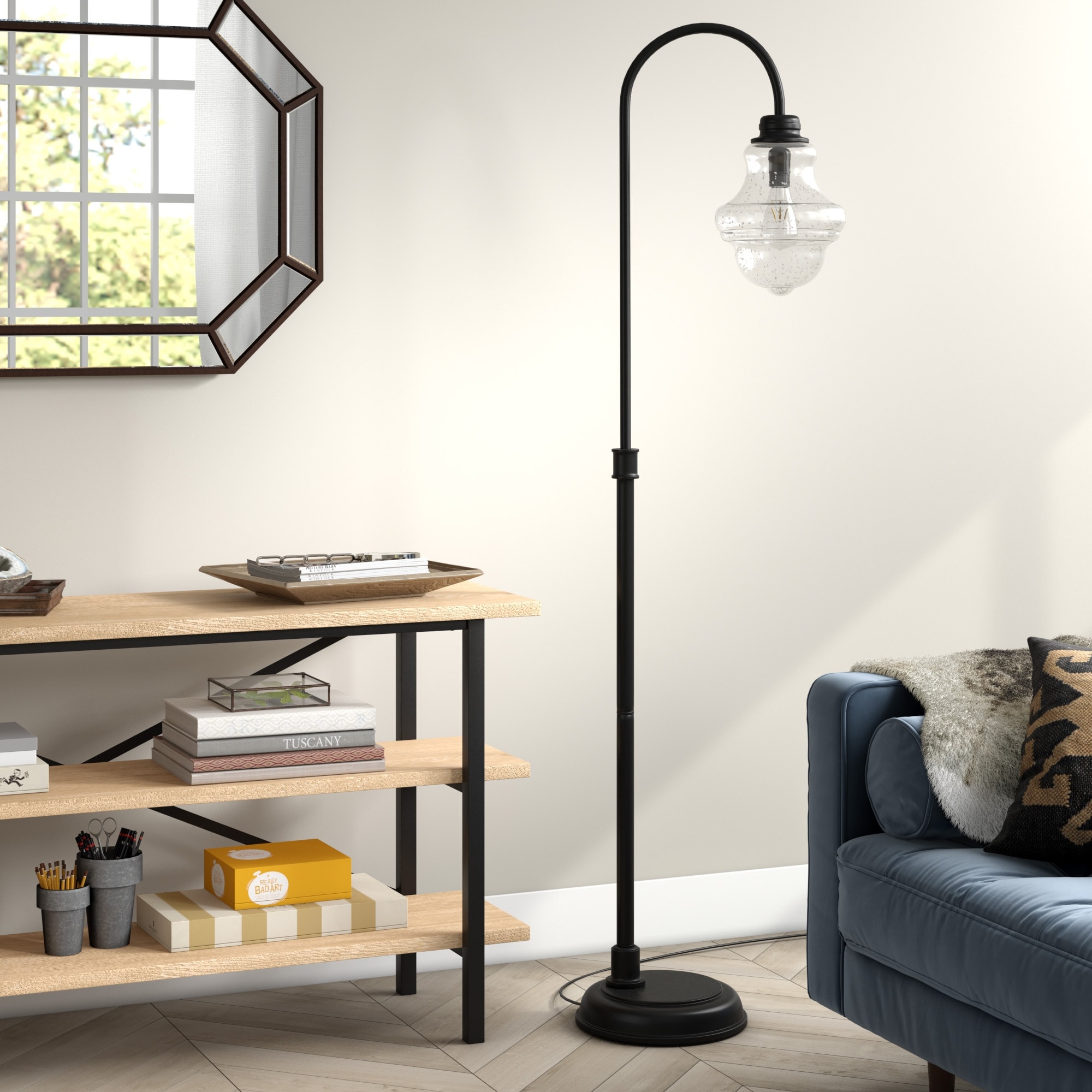Floor lamp with seeded glass shade top