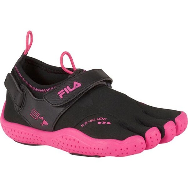 black and pink fila slides