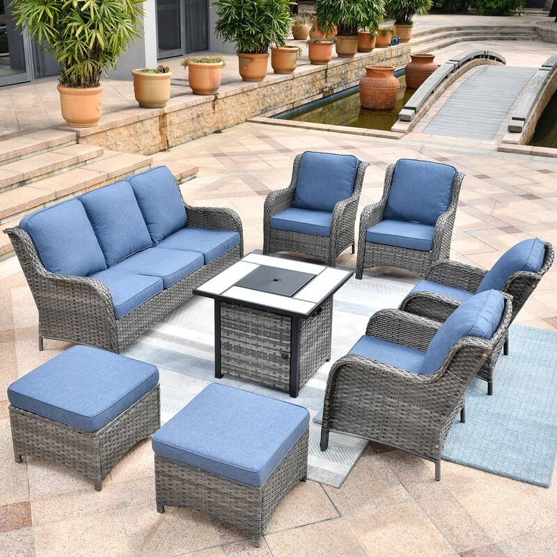 OVIOS Grey Wicker 8-piece Patio Furniture Set With Fire Pit