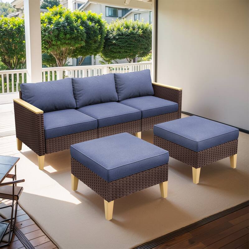 Gymojoy Patio Sofa Set with Ottomans - Brown - Blue