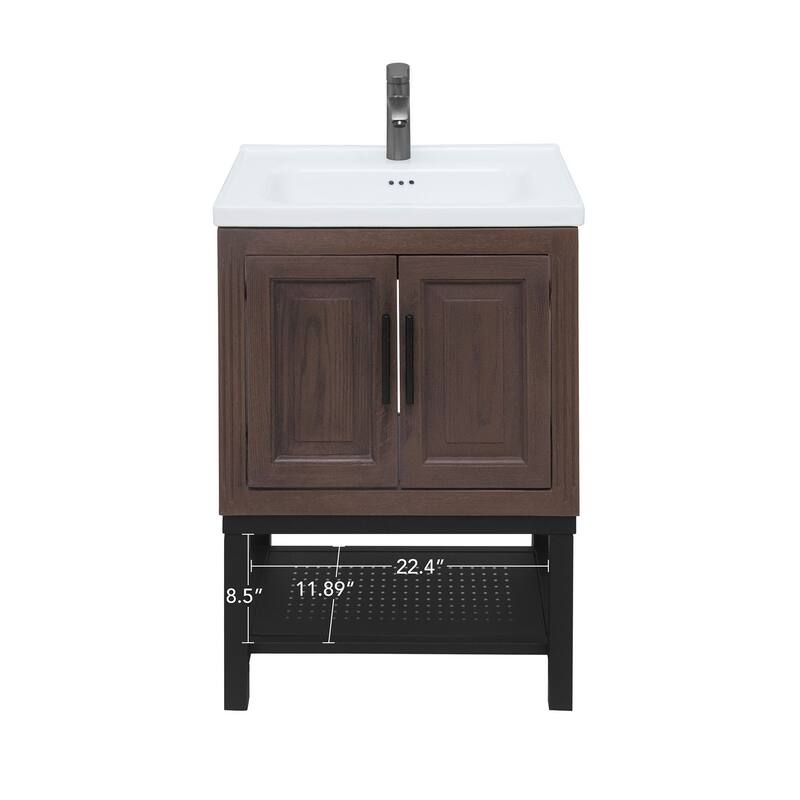 24" Bathroom Vanity with White Ceramic Sink & Hot and Cold Faucet, Freestanding Bathroom Cabinet with 2 Storage Doors
