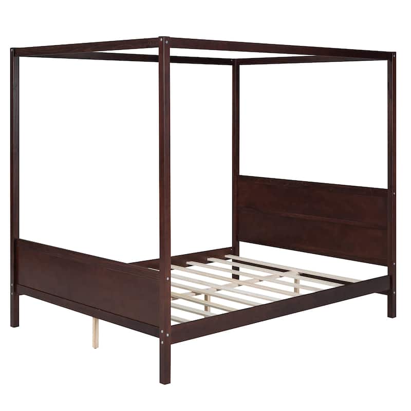 HomeRoots Espresso Inlaid Panels Wood Queen Canopy Bed