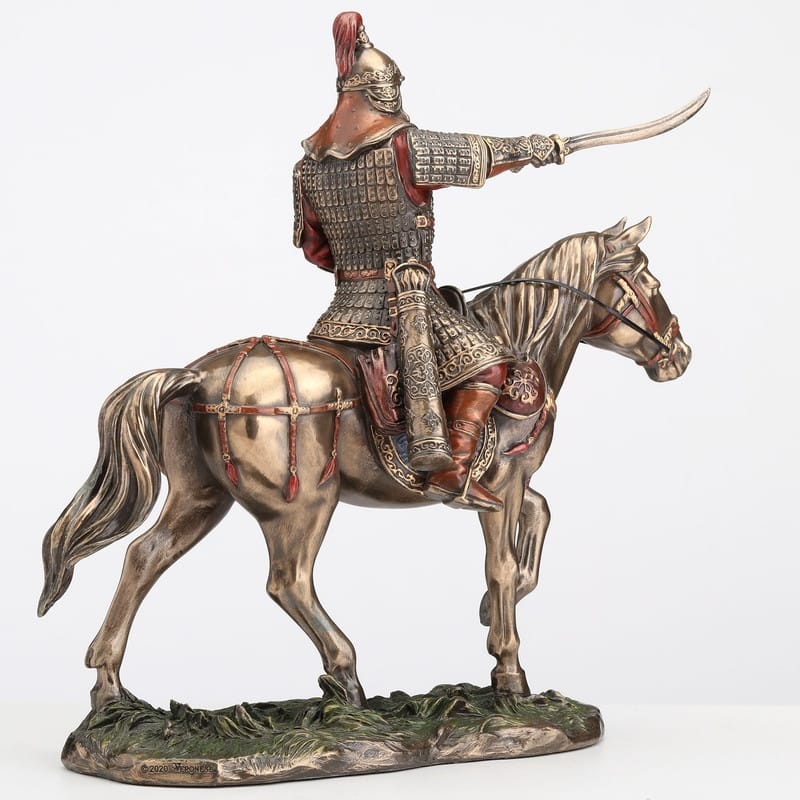 9.65 inches Width Cold Cast Bronze Genghis Khan on Horse Back Bronze Finish Figurine