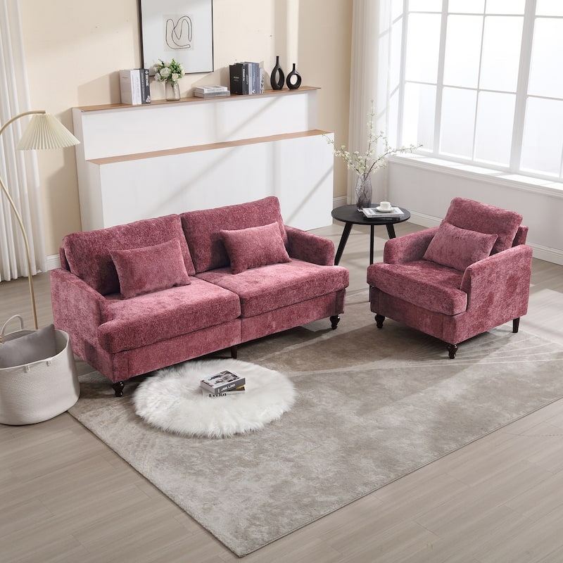 Chenille Fabric Accent Chair, Tufted Upholstered Living Room Chair, Lounge Armchair with Solid Wood Frame & Pillows
