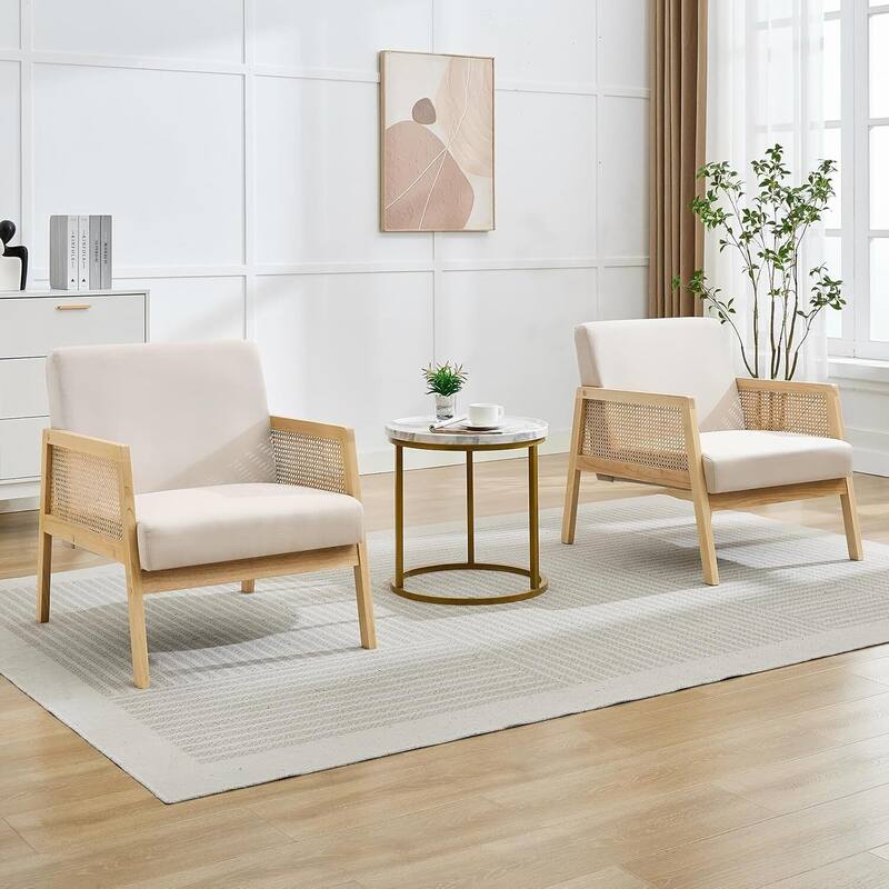 Set of 2 Rattan Armchairs with Thick Cushions for Bedroom, Reading Nook - Beige