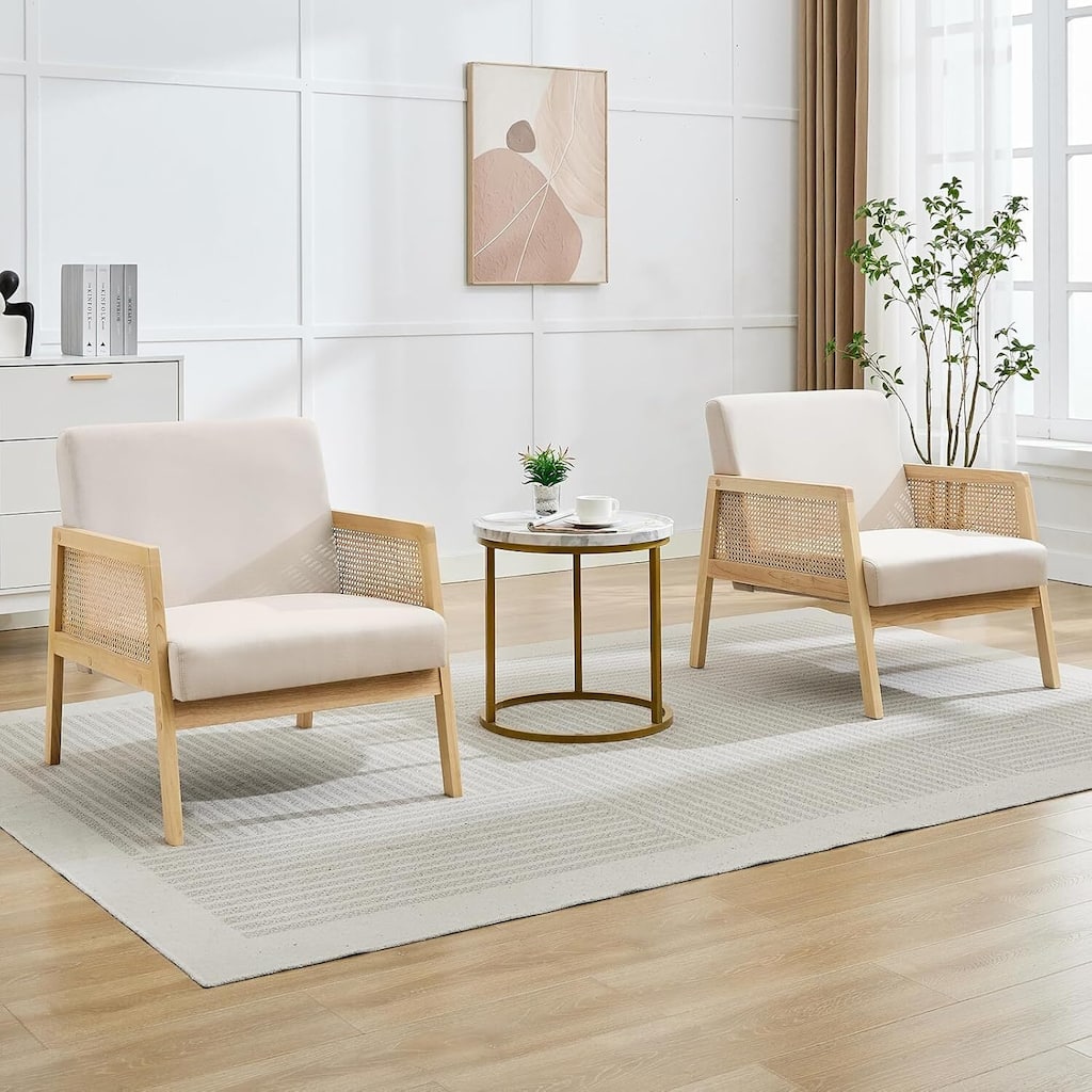 Set of 2 Rattan Armchairs with Thick Cushions for Bedroom, Reading Nook