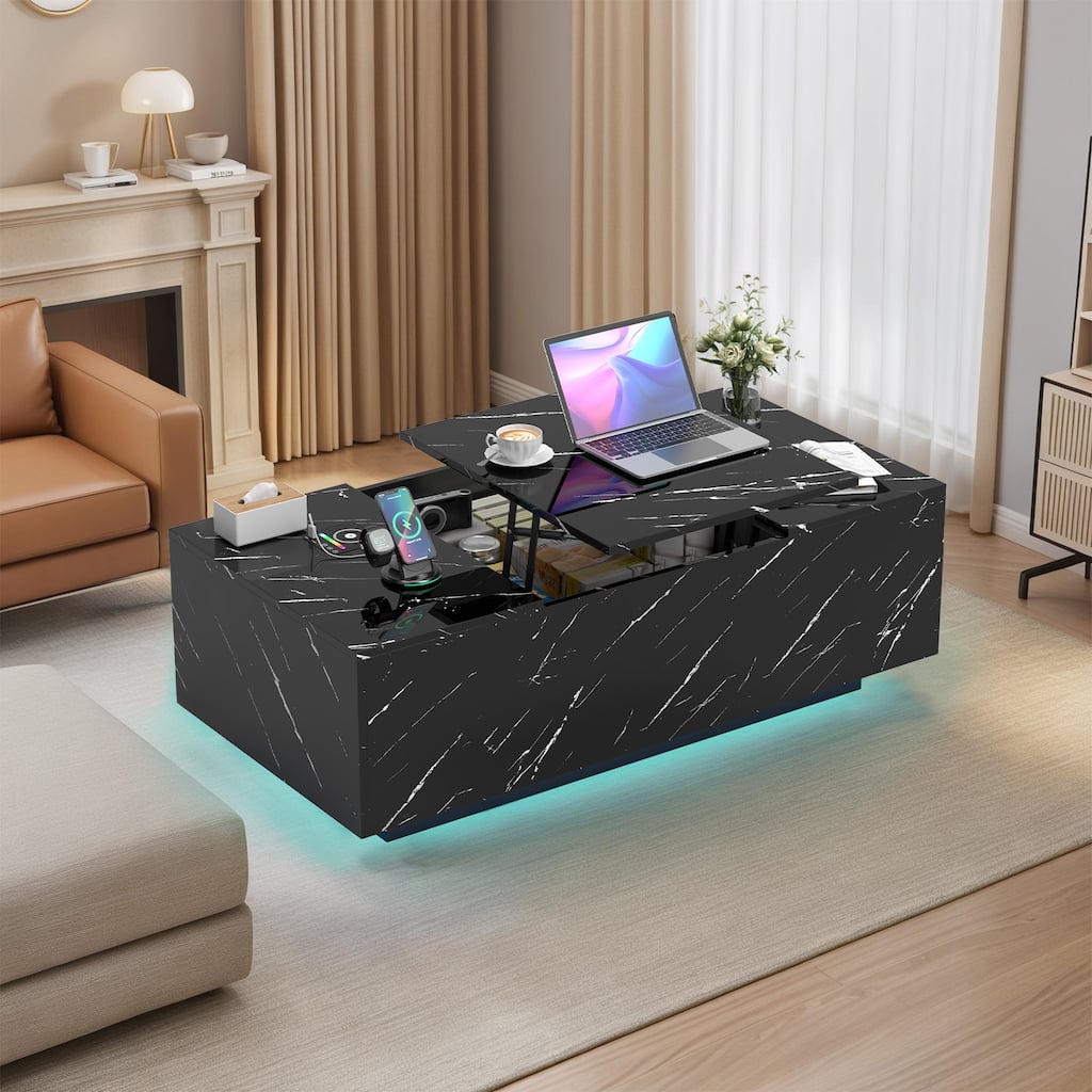 Pocassy LED Coffee Table 47.2" Coffee Tables with Storage Shelf