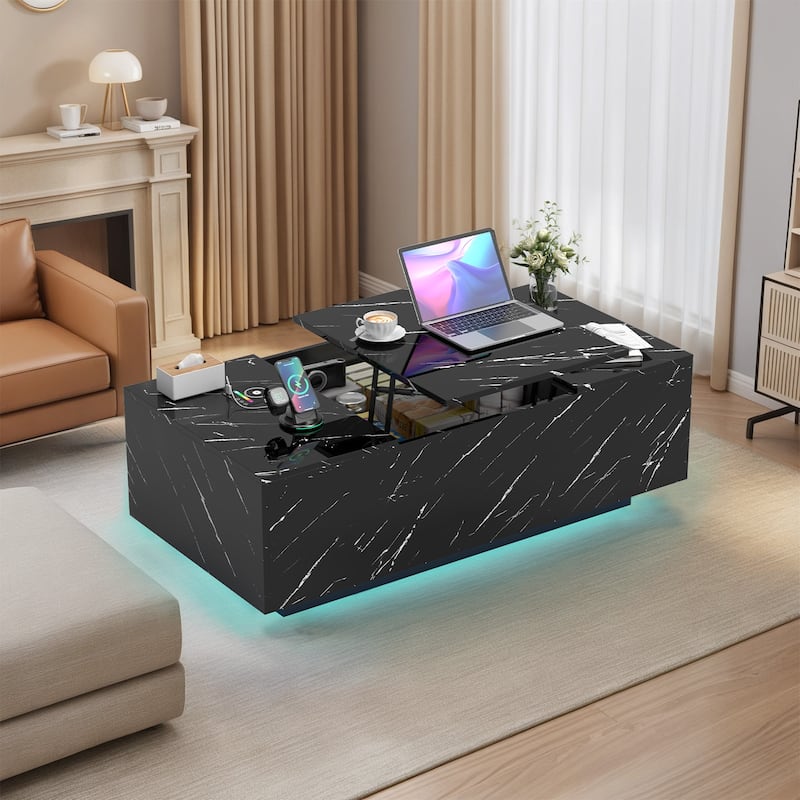 Pocassy LED Coffee Table 47.2" Coffee Tables with Storage Shelf - Black