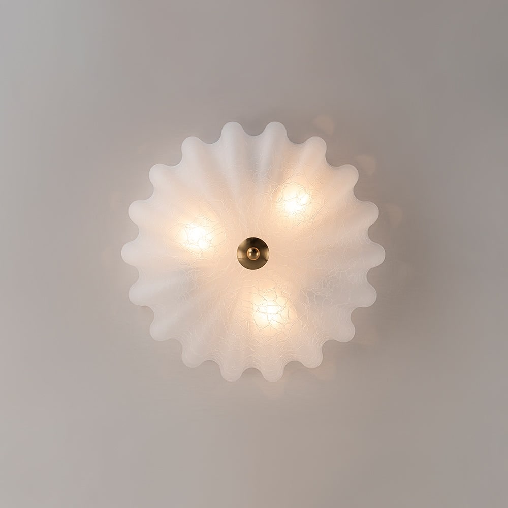 French Textured Frosted White Glass Scalloped Round Ceiling Light