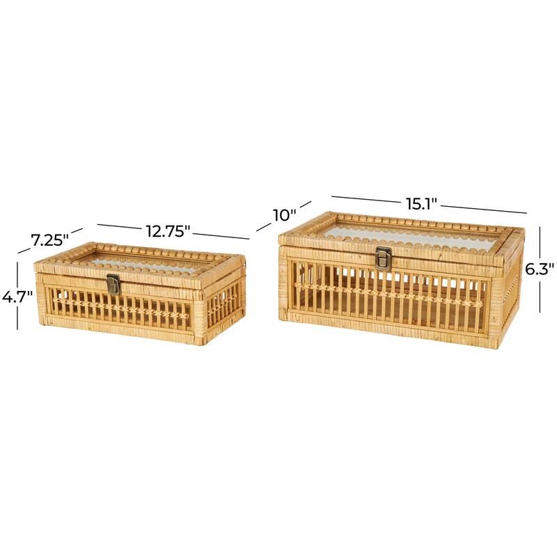 Brown Rattan Handmade Woven Storage Decorative Box with Glass Top and Bronze Latches (Set of 2) - 10"W x 15"L x 6"H
