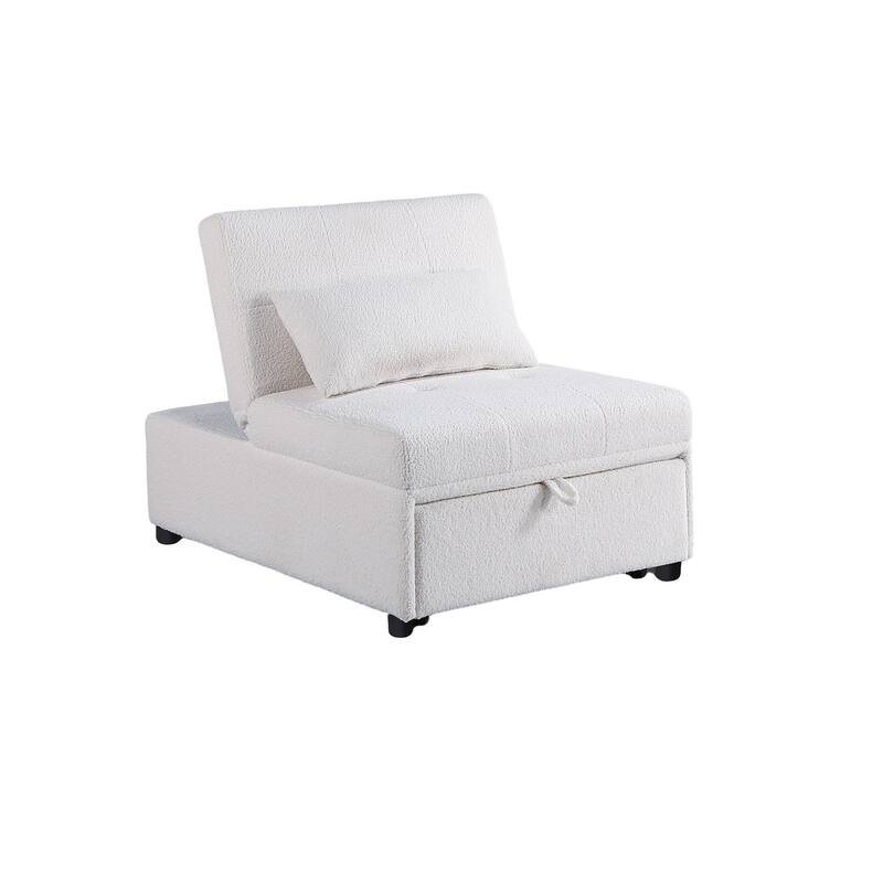 Contemporary White Convertible Sleeper Sofa Chair with Sherpa Fabric and Pillow