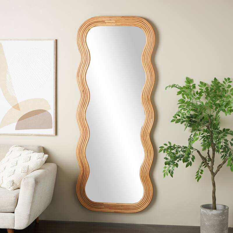 Brown Wood Handmade Wavy Room Wall Mirror with Ribbed Frame - 2"W x 29"L x 73"H