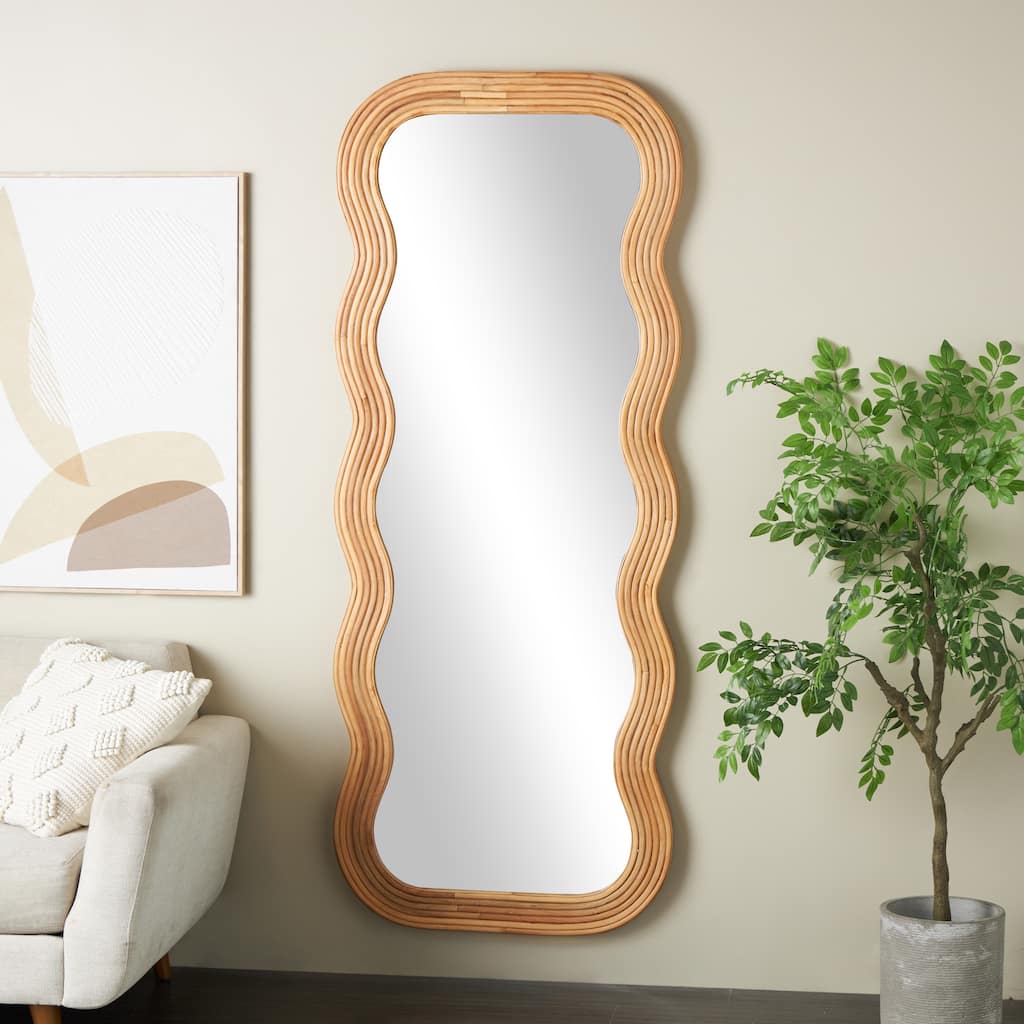 Brown Wood Handmade Wavy Room Wall Mirror with Ribbed Frame - 2"W x 29"L x 73"H