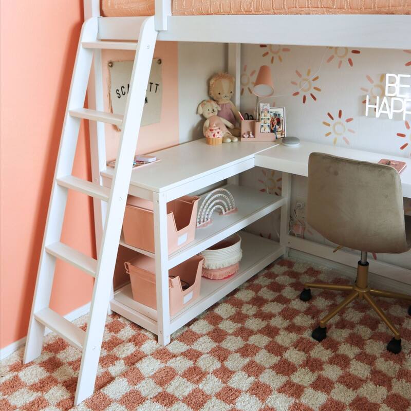 Max and Lily Twin Size High Loft Bed with Wraparound Desk and Shelves