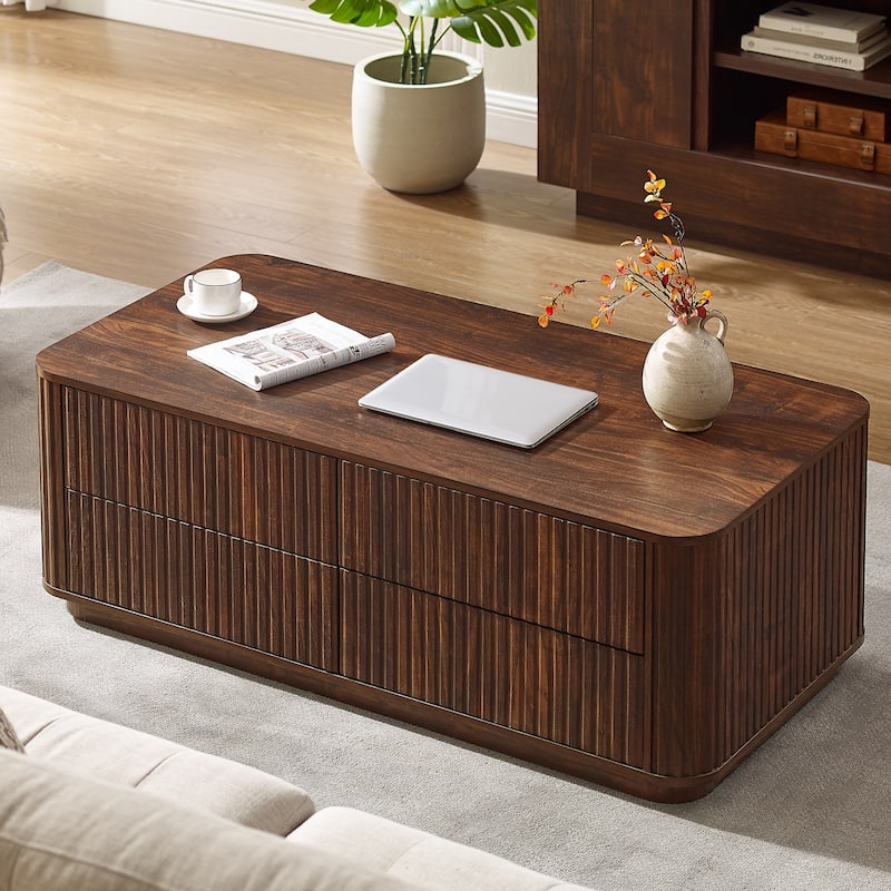 Fluted Coffee Table w/ 4 Drawers, Modern Center Table for Living Room